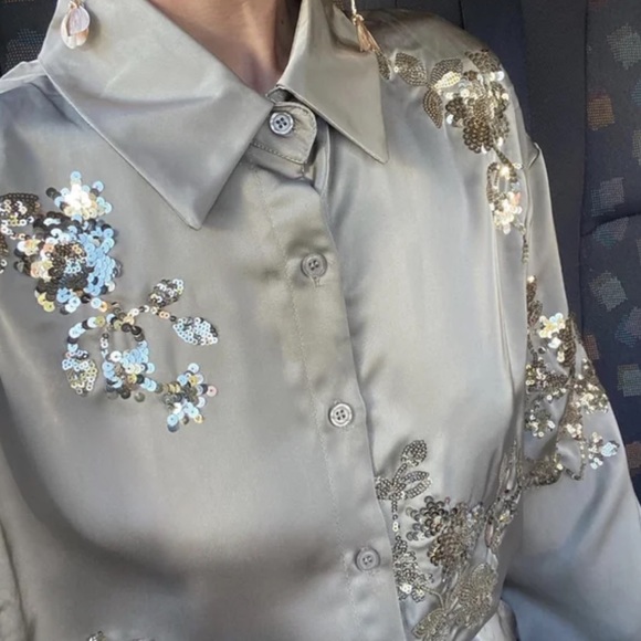 ZARA EMBROIDERED SEQUIN FLORAL BUTTON DOWN SHIRT SAGE GREEN 2731/242 267/014 - Picture 7 of 7